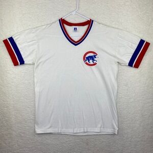 Vintage Russell Athletic Chicago Cubs Ringer T-Shirt Mens Large White V-Neck USA